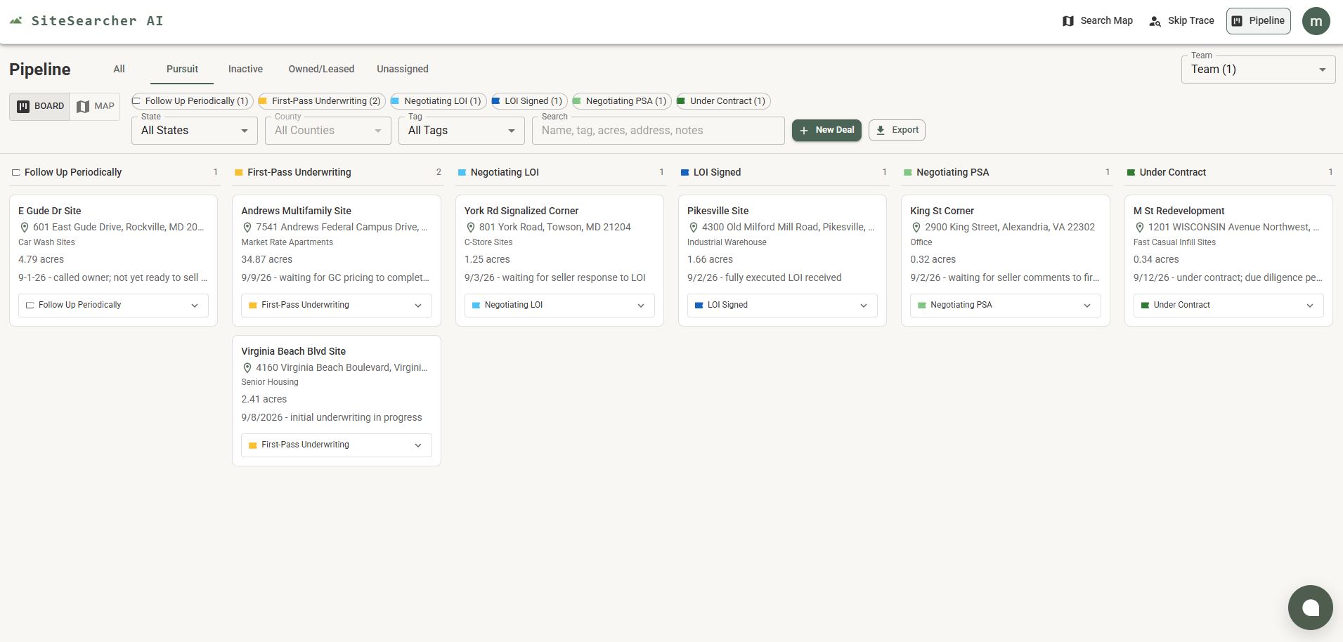 SiteSearcher AI pipeline board showing deals across stages