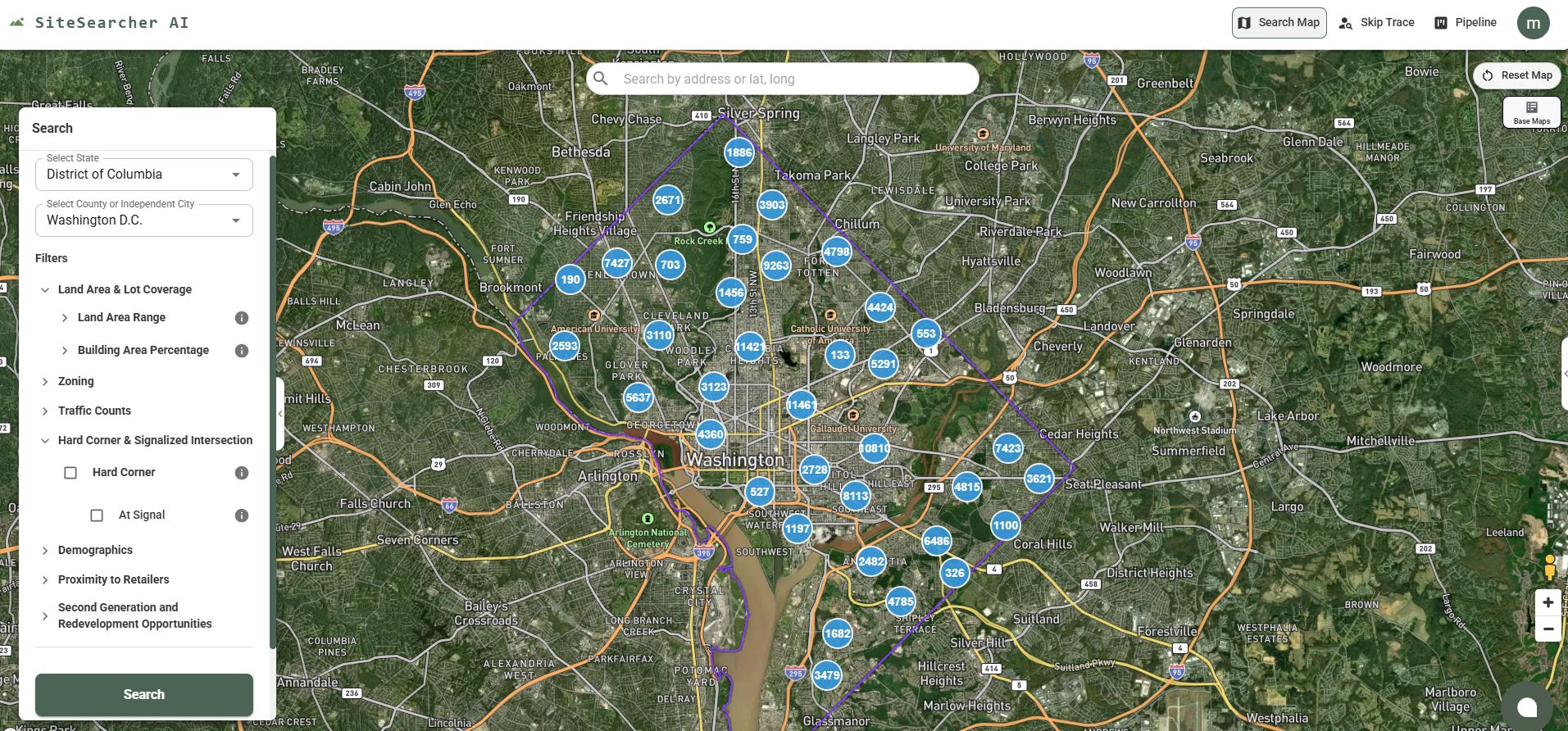 SiteSearcher AI site selection map with search filters and property clusters
