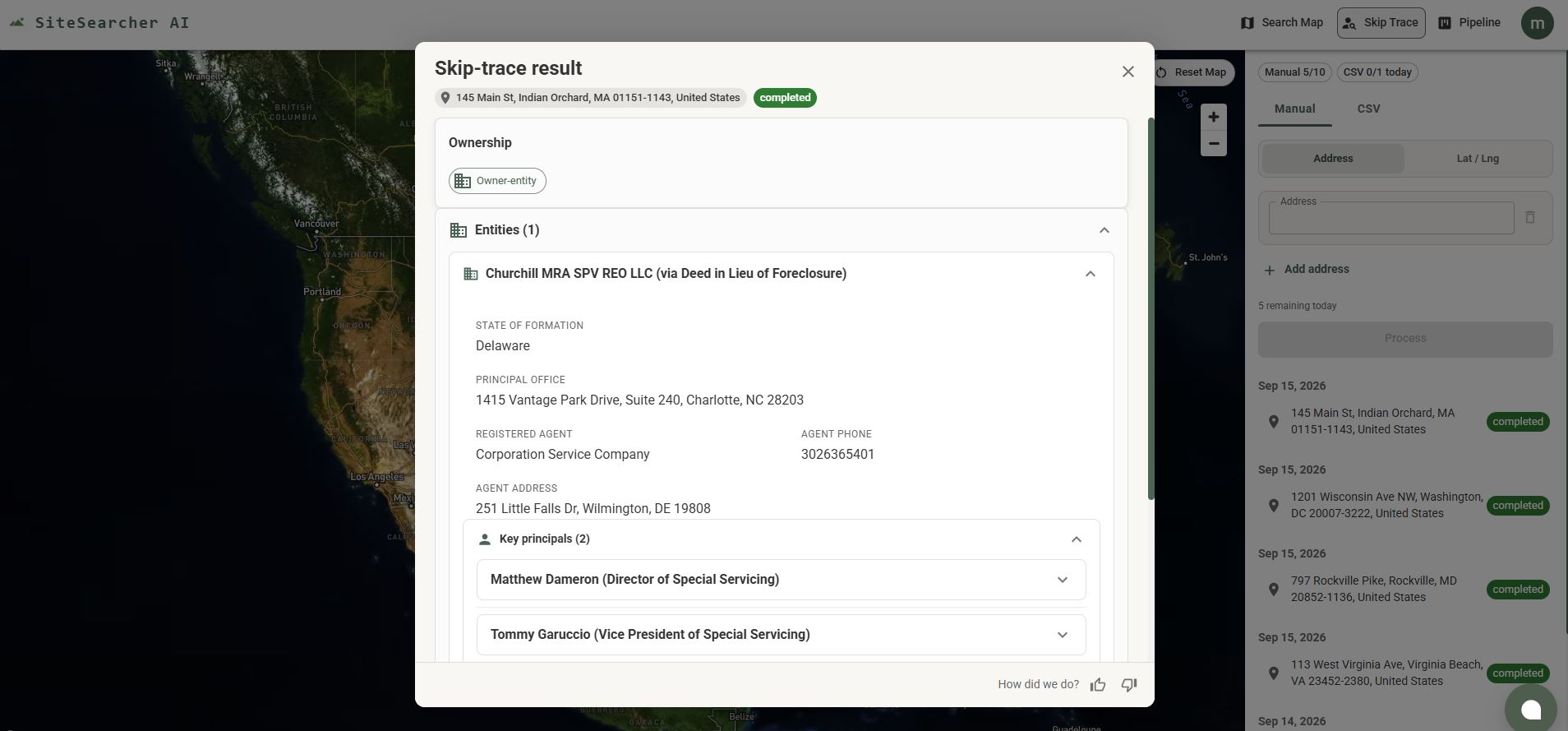 SiteSearcher AI skip-trace result showing ownership and key principals